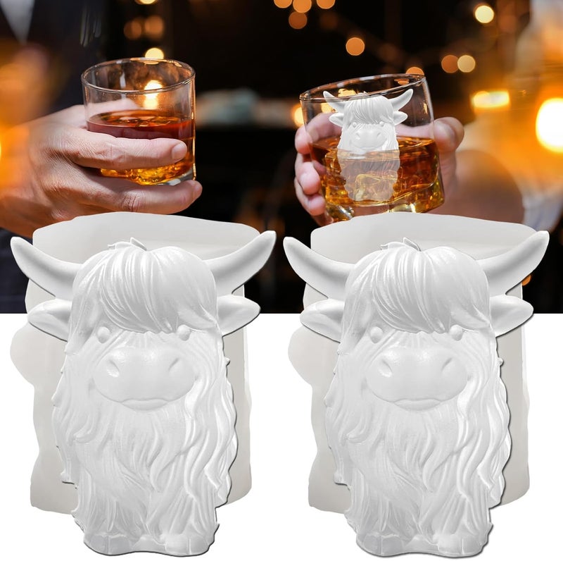 SIUPER 3D Highland Cow Ice Cube Silicone Molds Tray for Whiskey, Cocktail, Drink, Bar; Rich Details. Fun Animal Mold for DIY Taba Squishy Chocolate Soap Candle Resin Gift for Women Girls Boys; 2 Pack - Image 1